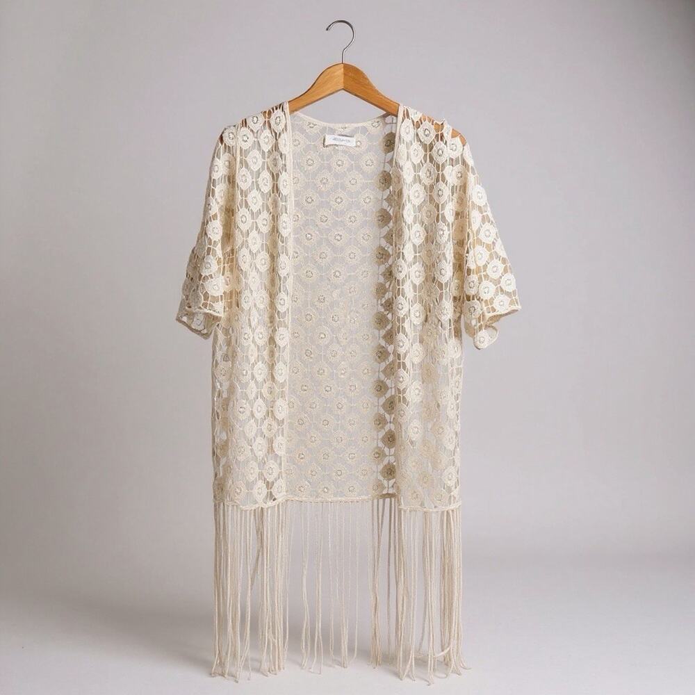 Boho Crochet Cardigan Fringe Duster Long Top Cream Festival Hippie Cover Up